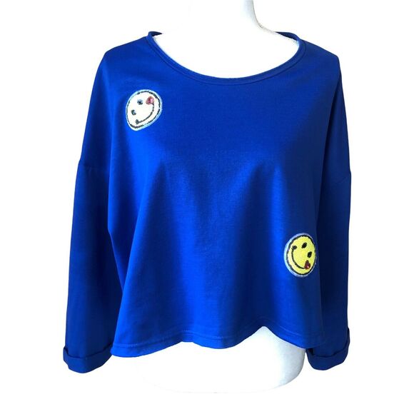 SugarHigh Clothing Blue crop sweatshirt with yellow smiley faces - Picture 2 of 6